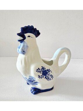 Vintage Delft Blue Ceramic Rooster Creamer From Holland - Windmill & Floral Desi